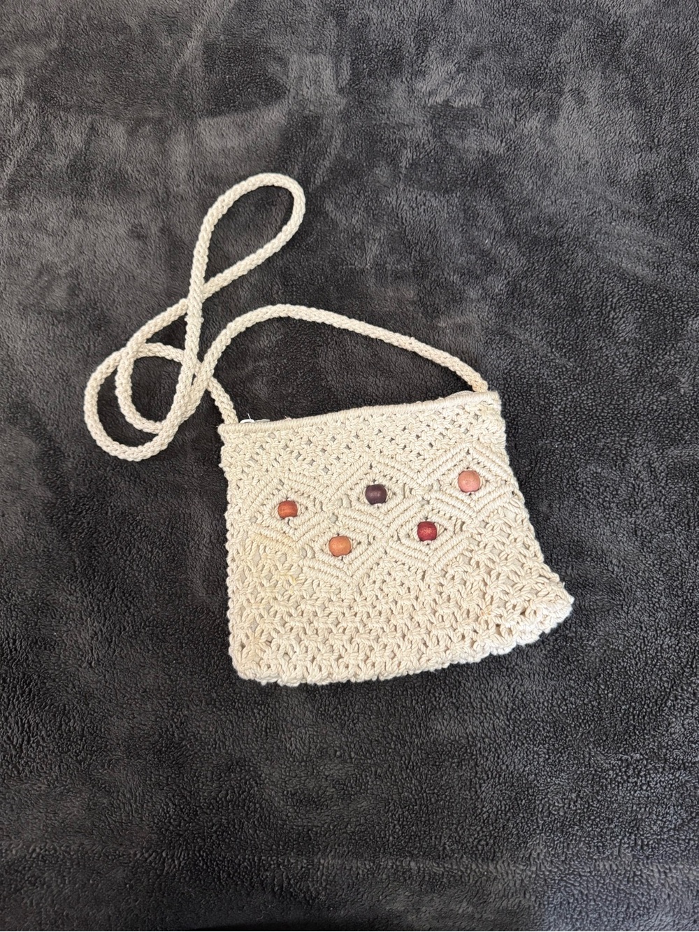 Vintage 70s Macrame Crossbody Bag Wooden Bead Boho Cottagecore Cream Purse